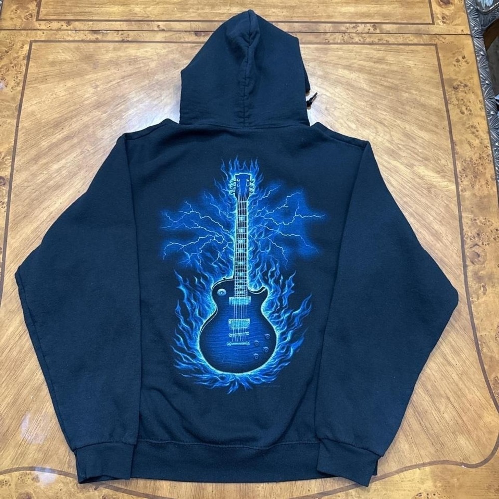 Jerzees Guitar Lightning Flames Blue Logo Pullover Hoodie Men's Medium - Picture 6 of 7